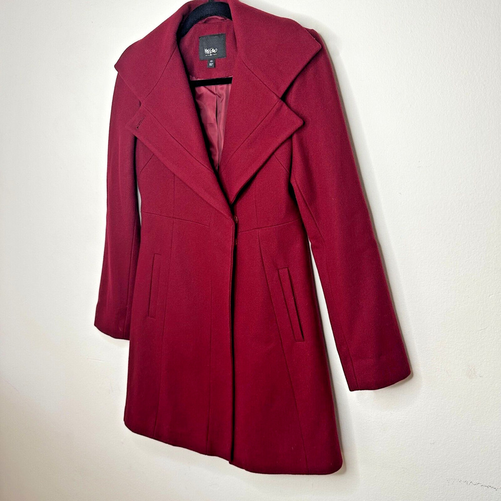 Mossimo Burgundy Red Wool Fitted Long Line Front two Button Coat Welt Pockets XS - Picture 7 of 13